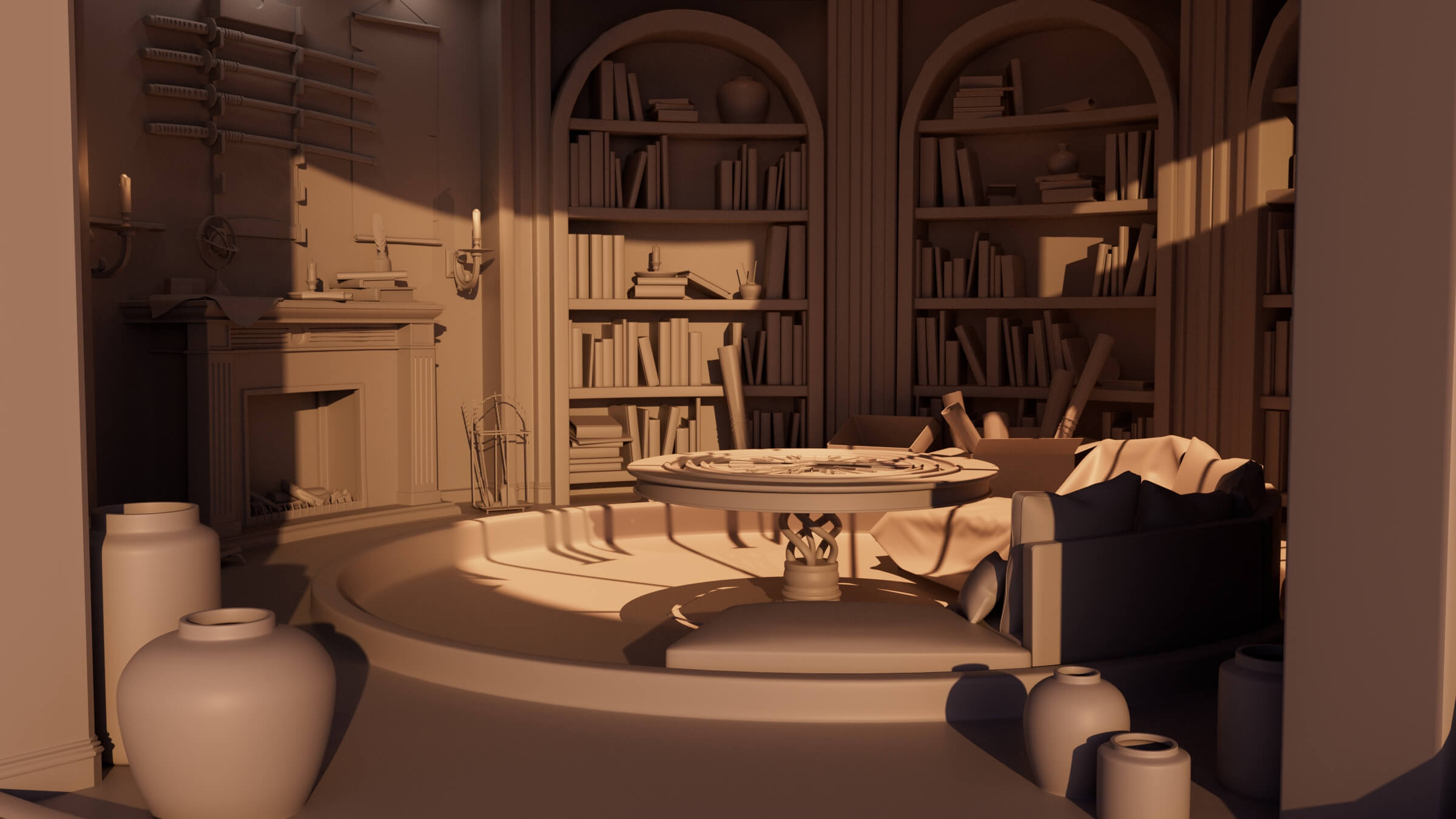 3D render of a fantasy library with a fireplace and set-in bookcases.