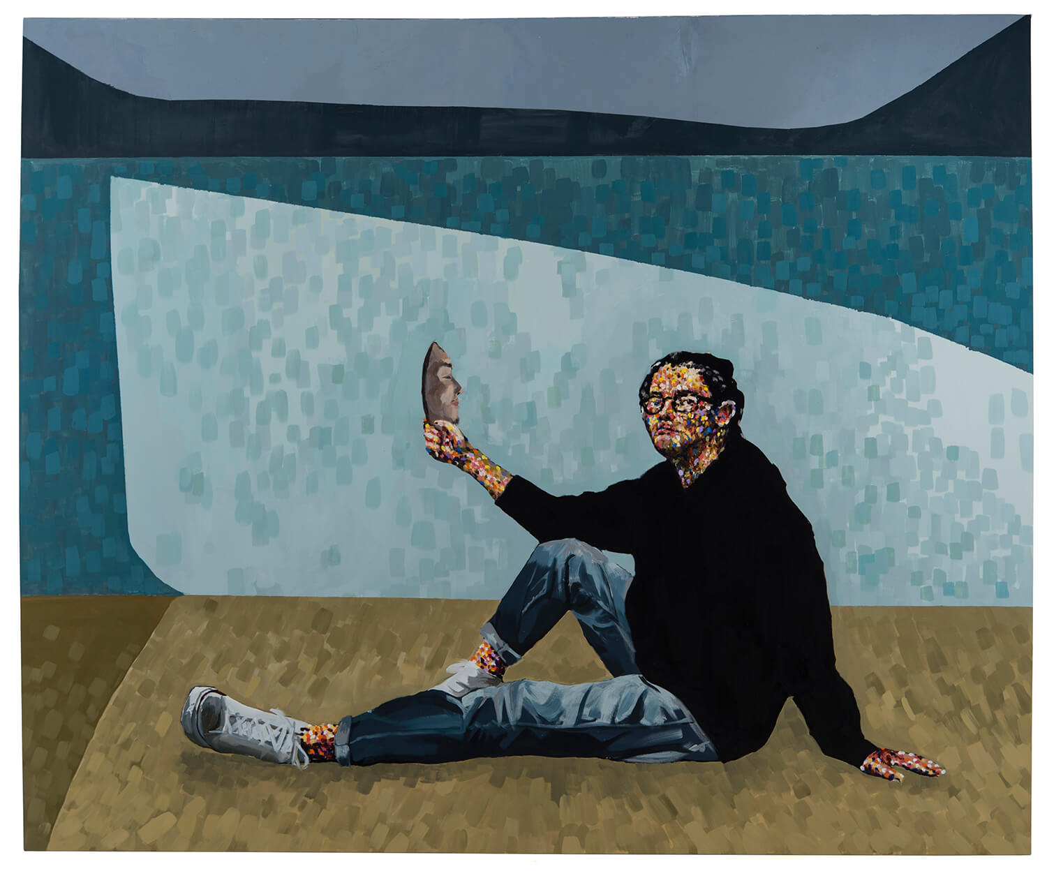 a painting of a person lounging on the floor, holding up a mask of their face.