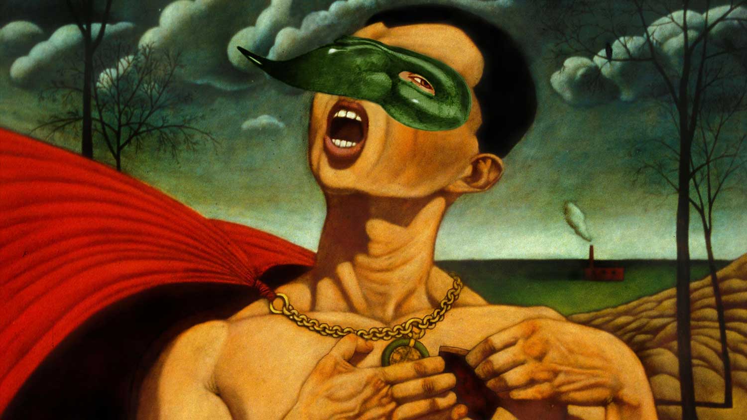 a superhero wearing a red cape and green mask, tearing a hole in his chest.