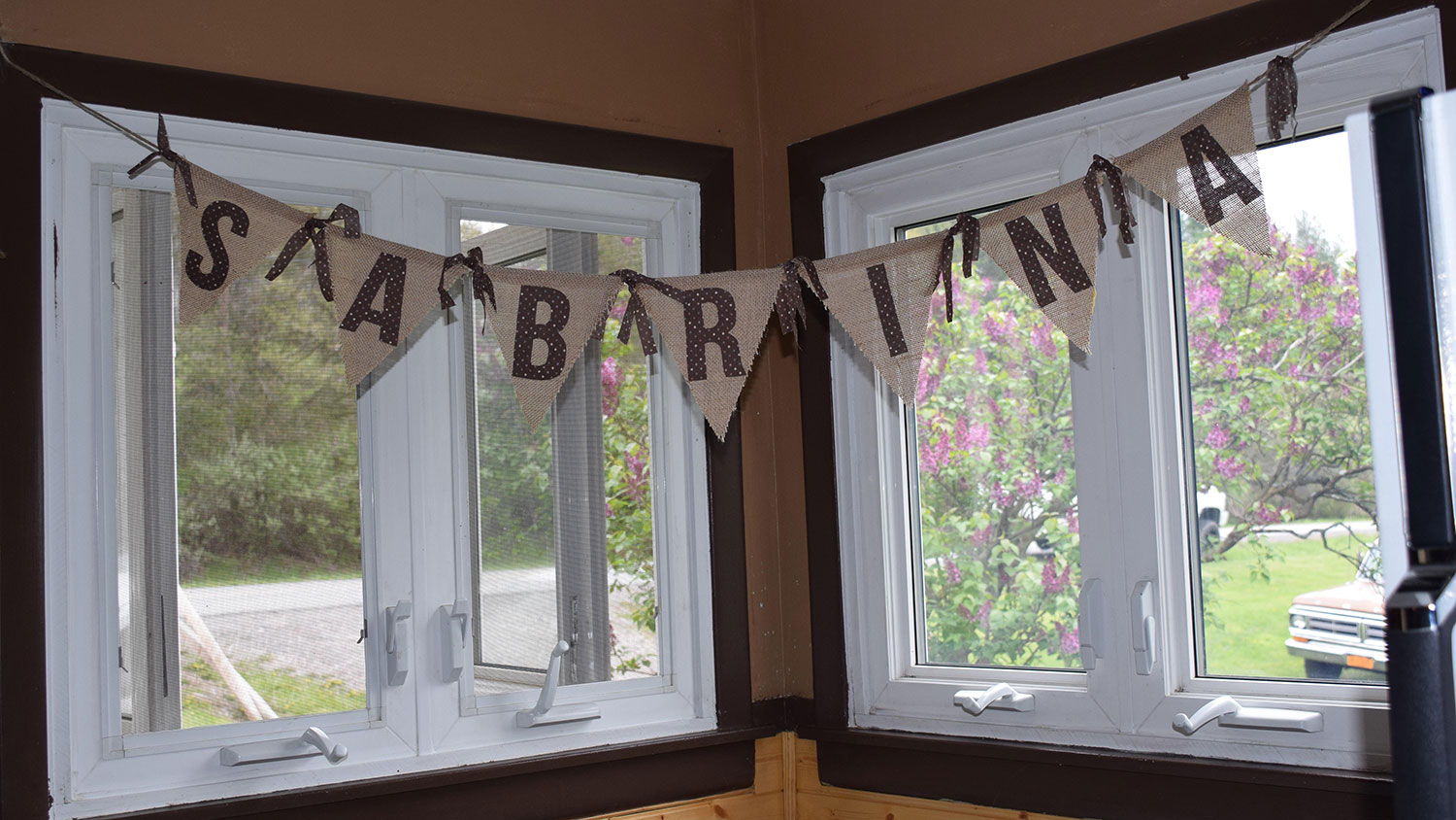 a rustic banner with triangular flags each with a letter for the name Sabrina, hung in the corner of a lodge.