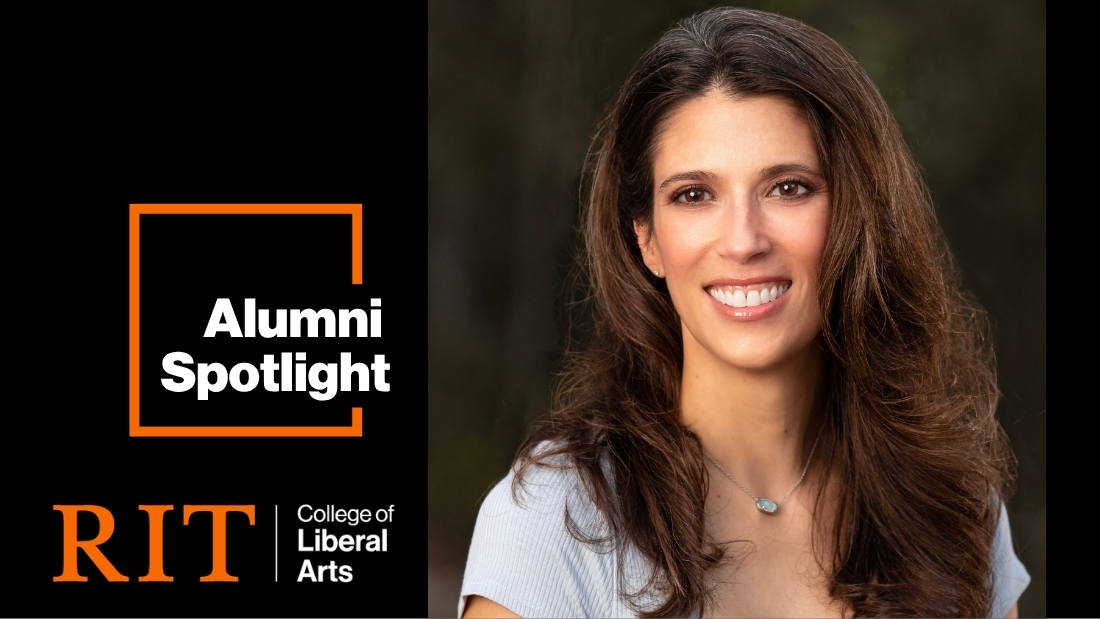 Alumni spotlight text on graphic featuring a portrait of a woman smiling