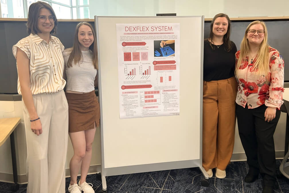 Four RIT Master's students standing on either side of a research poster and smiling.