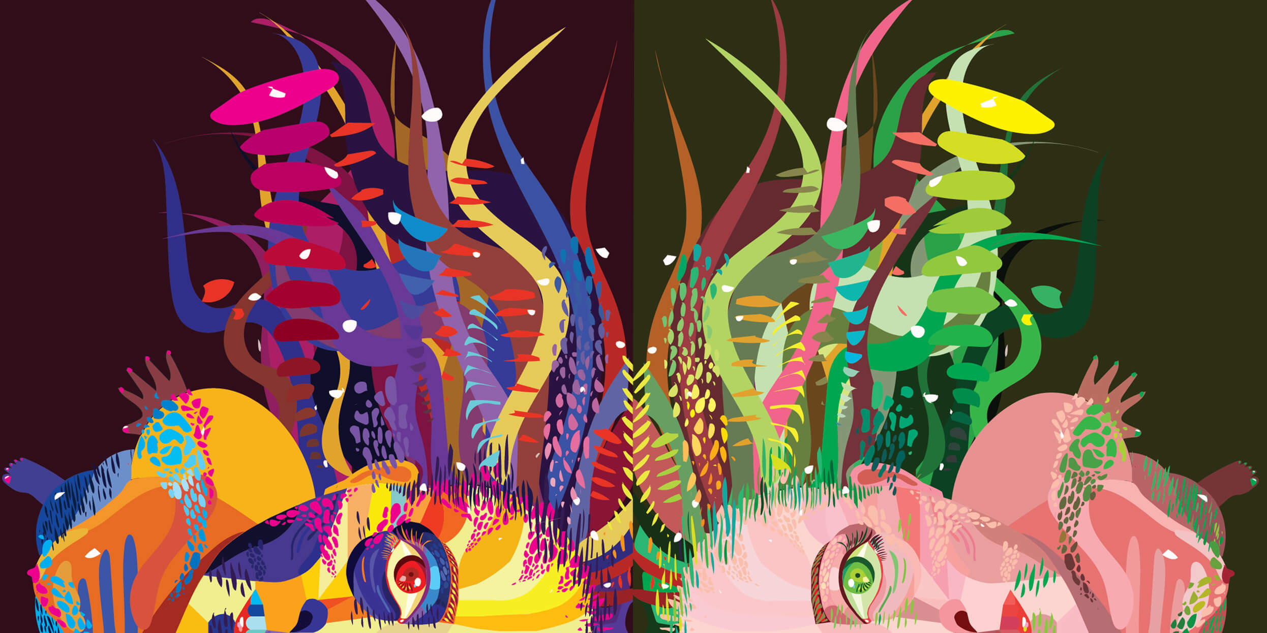 artwork of two faces lying down with their hair sticking up, made with shapes and colors.