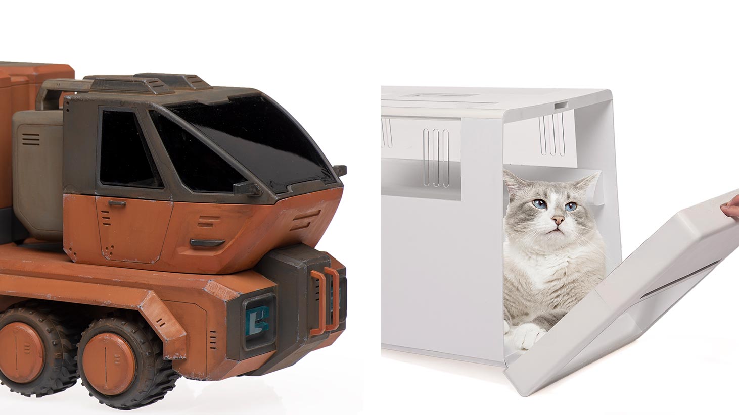 product designs for a toy truck and a cat enclosure.