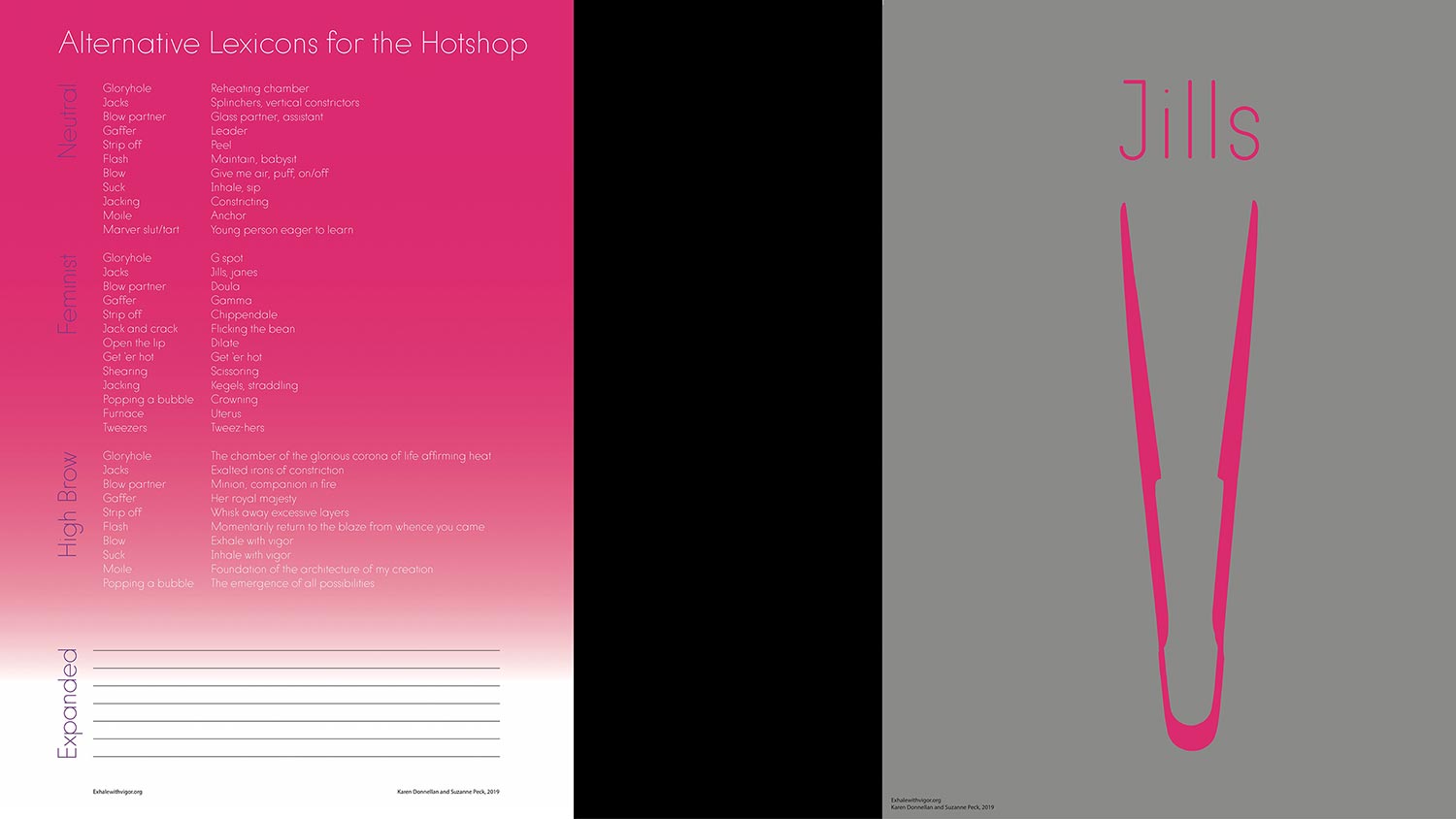 Side by side posters about glass art language.