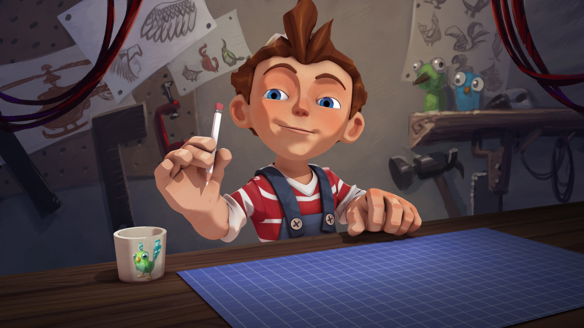 still from the film with the boy about to start a schematic drawing.
