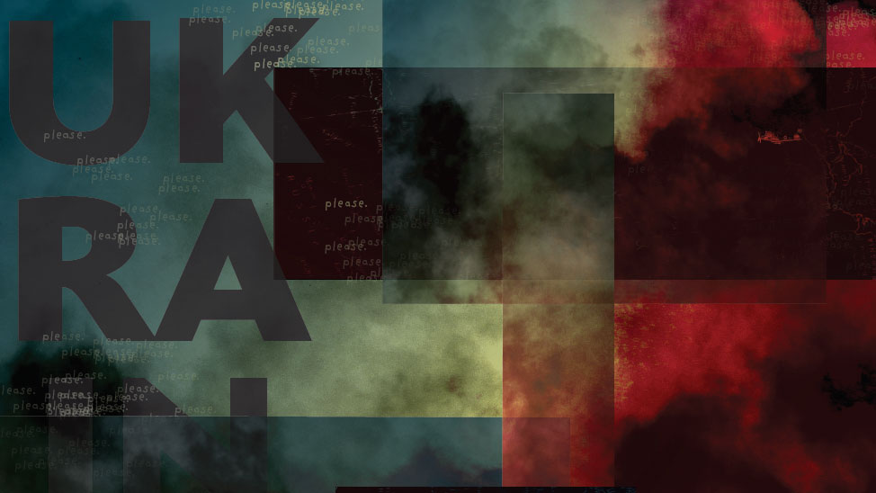 smoke in the air overlayed with red and blue blocks of color, with the word please.