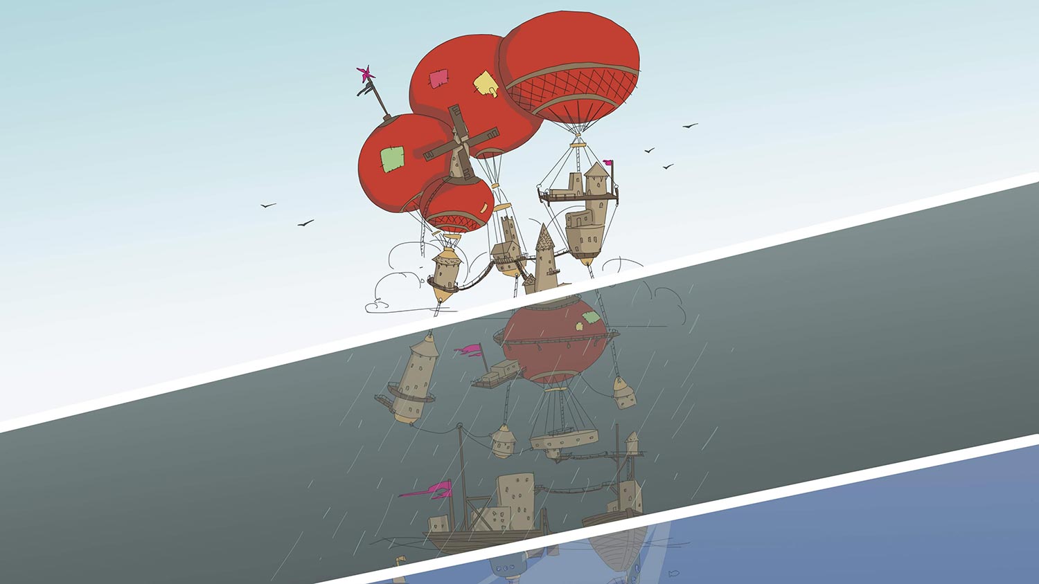 collage drawing of a whimsical floating city held up piece by piece with hot air balloons.