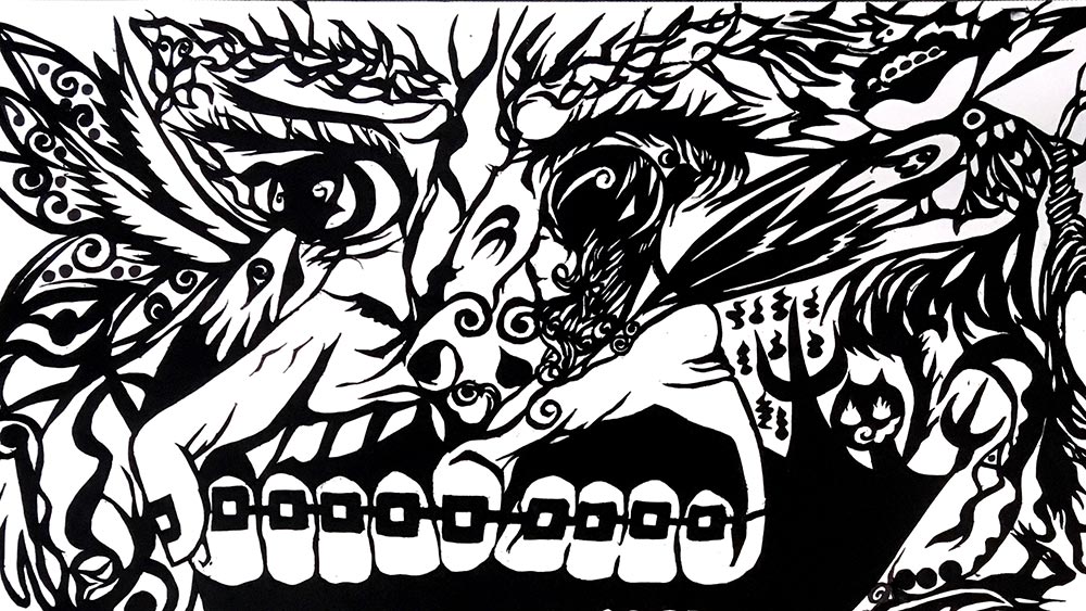 a black and white image made from cut paper where a variety of shapes from nature make up a sort of face with fists for a mouth.