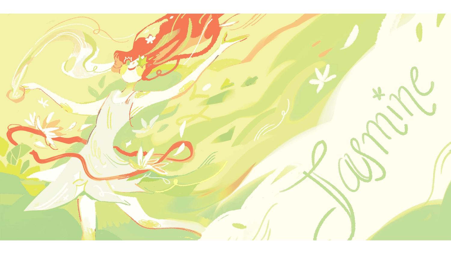 An illustration in yellows, greens, and orange of a woman dancing with 'Jasmine' written beside her.