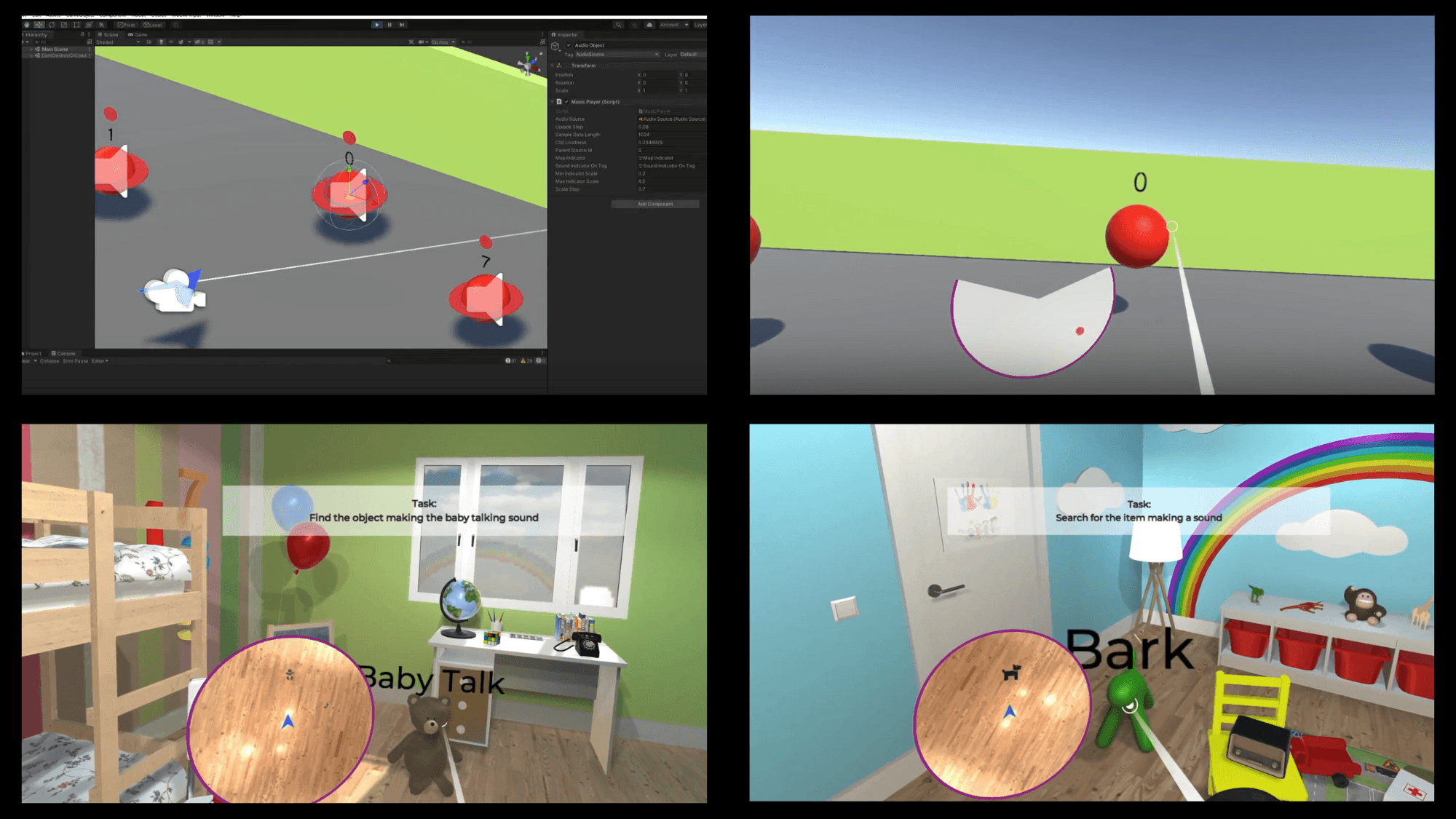 screen split into fours demonstrating sound indicators in V R games.