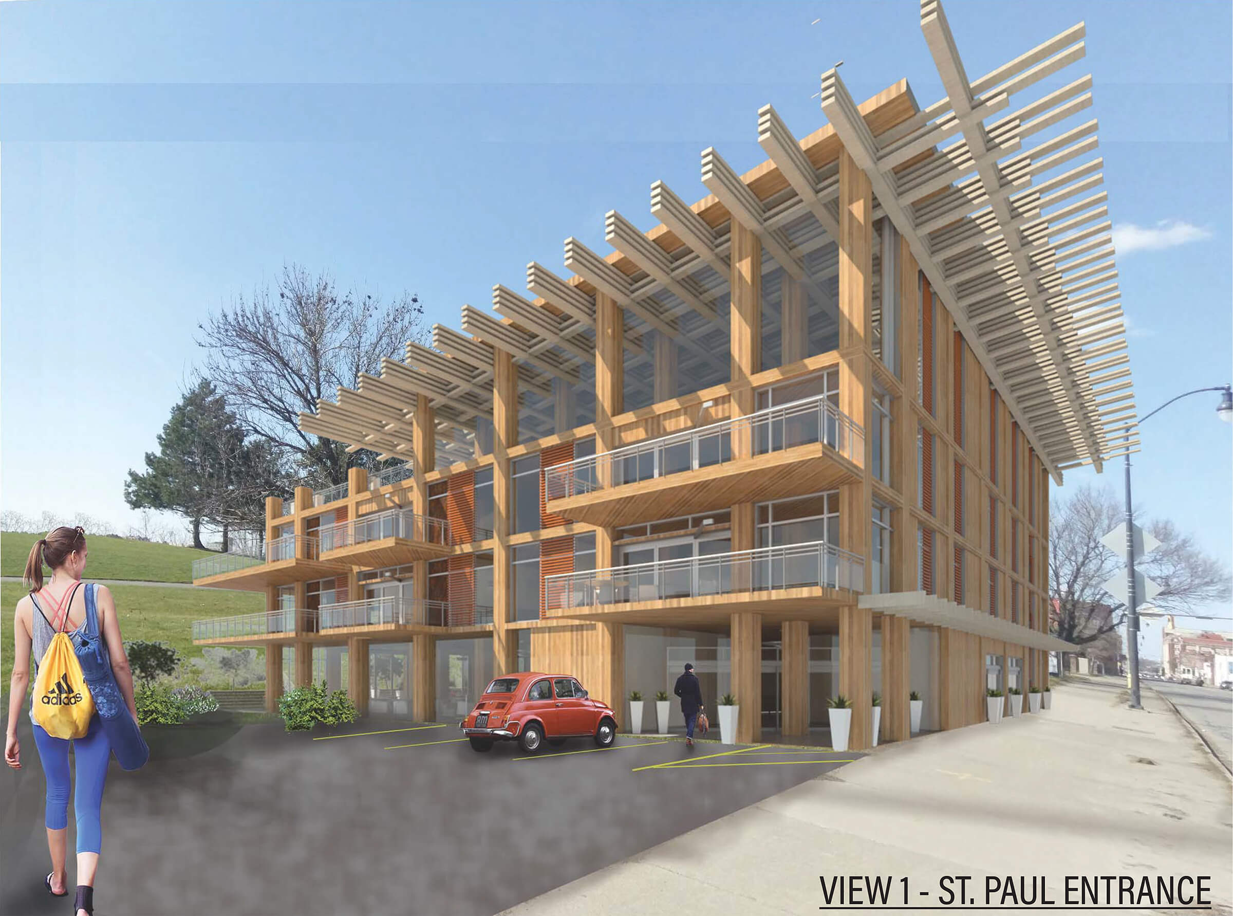 artist rendering of a multi-story building with a roof like a pergola.