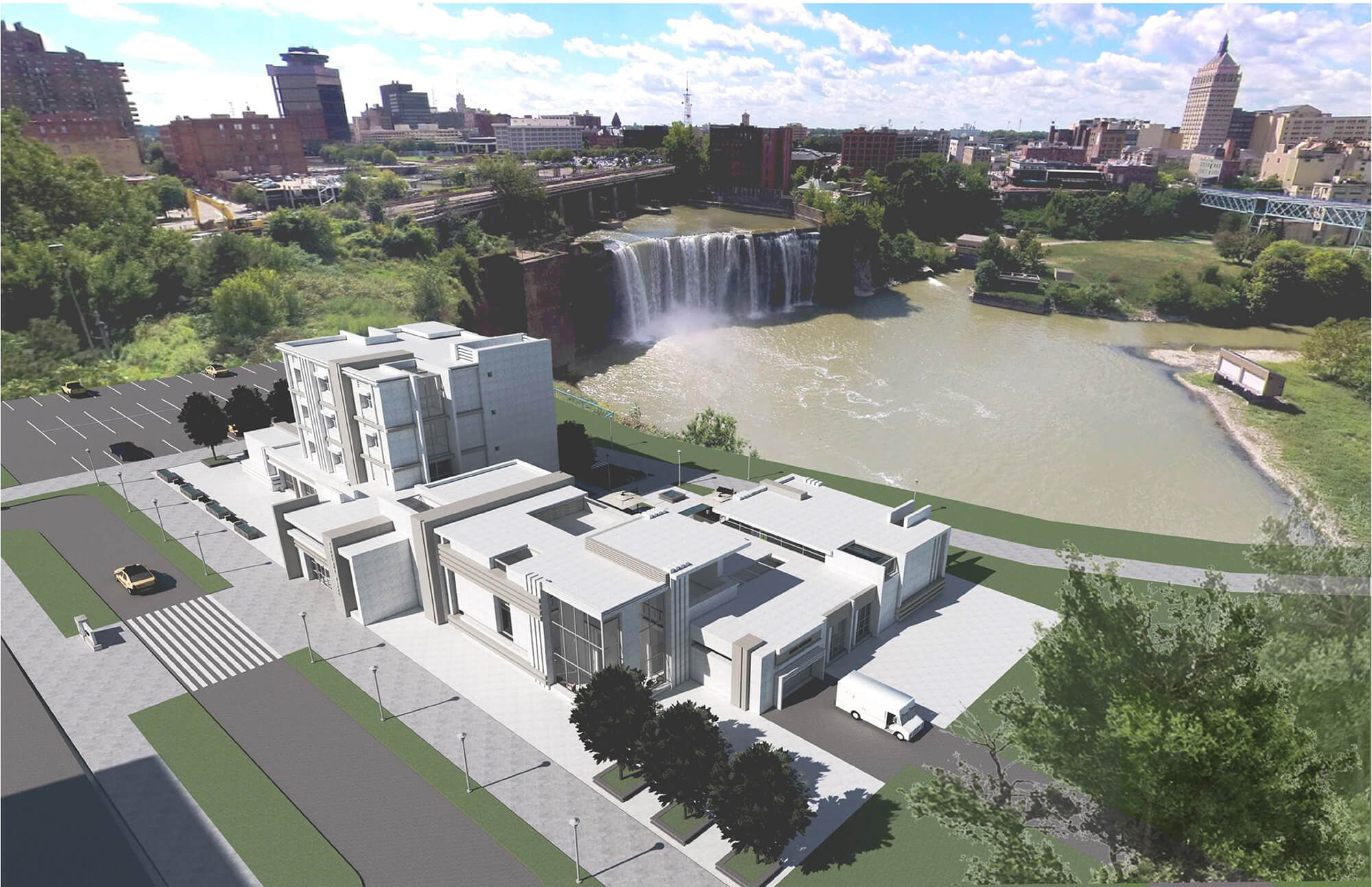 Boutique hotel design with waterfall behind it.