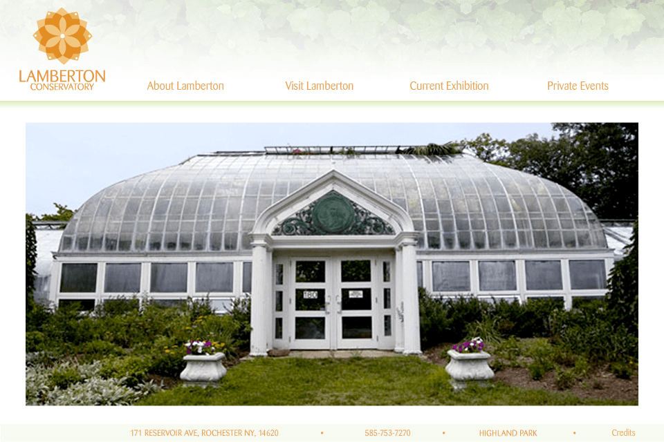 website design for Lamberton Conservatory featuring a large image of a greenhouse.