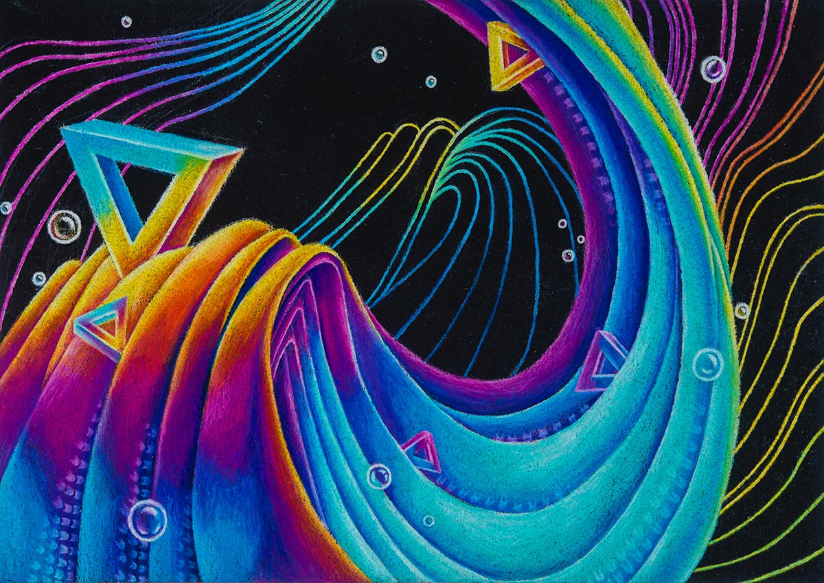 artwork showing waves, triangles, and small bubbles in mostly blues and purples, with some yellow and orange accents.