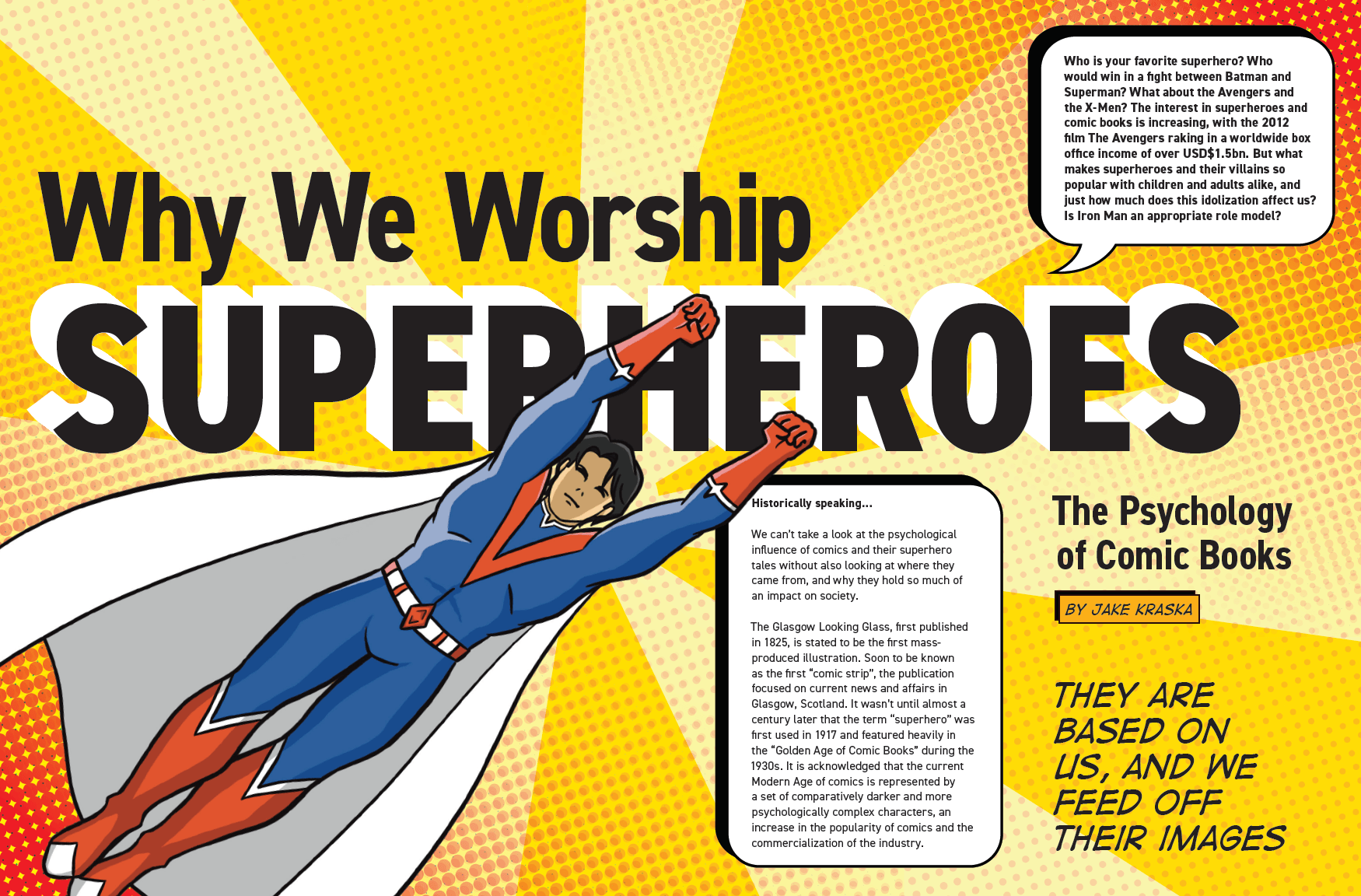 Psychology Today editorial spread, with the headline Why We Worship Superheroes, with an illustration of Superman in a comic book style.