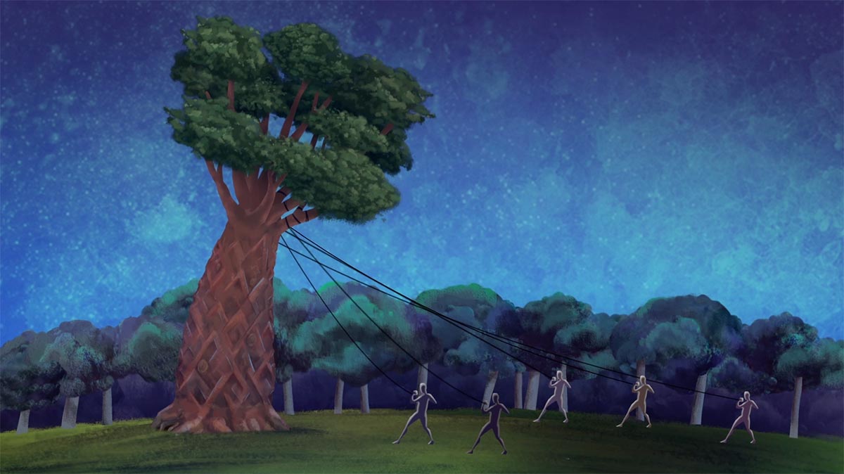 3 D animation of people pulling a large tree down with ropes wrapped around the branches.