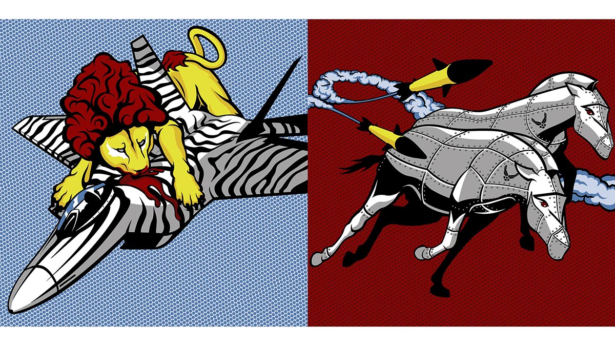 side-by-side images in a comic book style of a lion attacking a jet with a zebra print and two metal horses being chased by rockets.