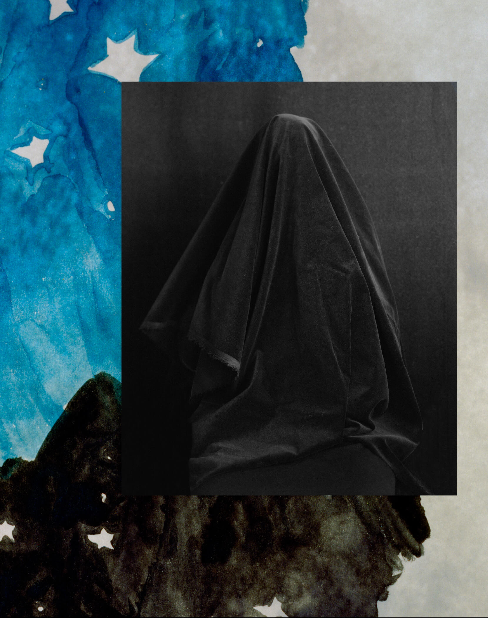 artwork featuring blue paint in the background with white stars, and a figure covered with a black fabric in the foreground.