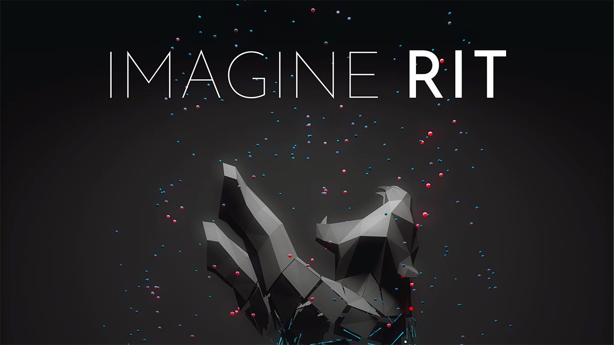 Imagine RIT poster featuring a graphic tiger jumping up out of red and blue hexagons.
