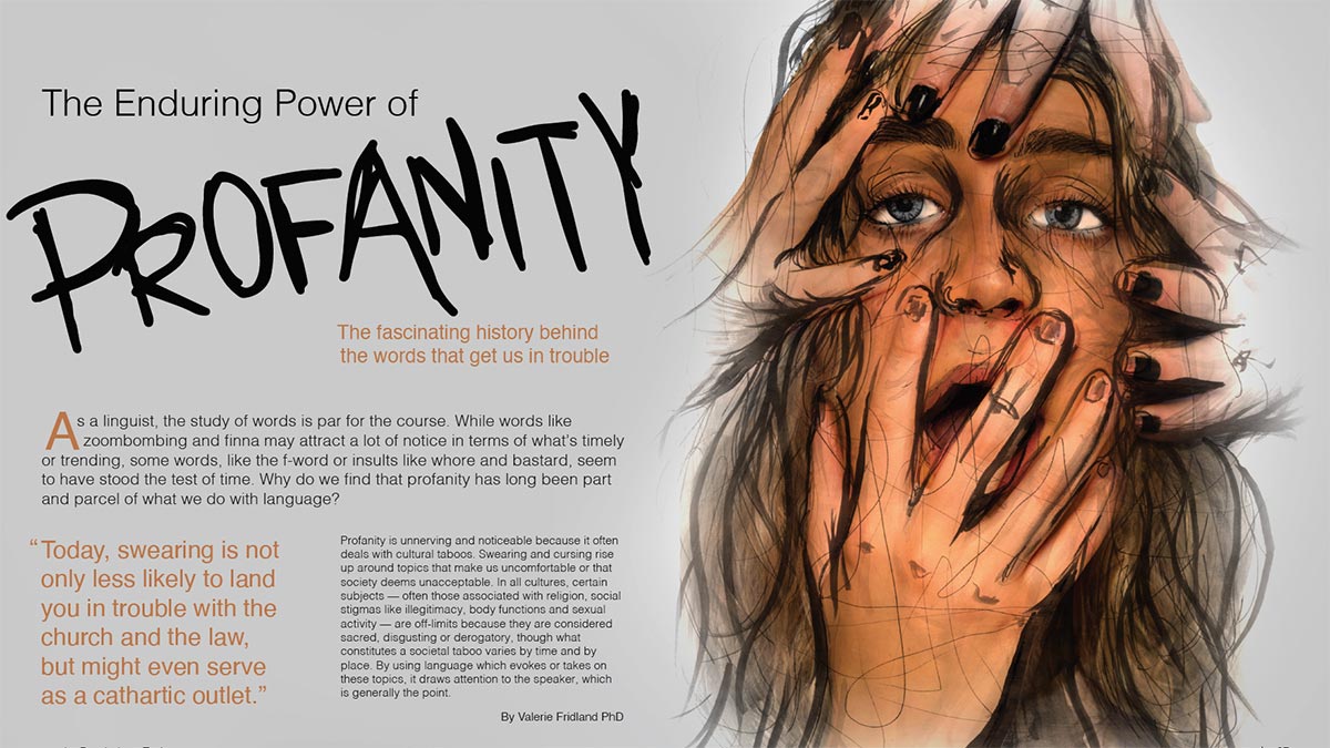 Psychology Today editorial spread, with the headline The Enduring Power of Profanity, next to an illustration of multiple hands over a person's face.