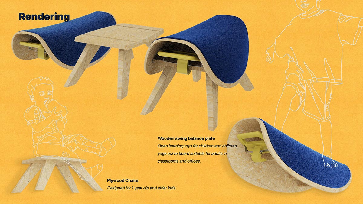 Renderings of a chair designed for kids, with a seat like a saddle.