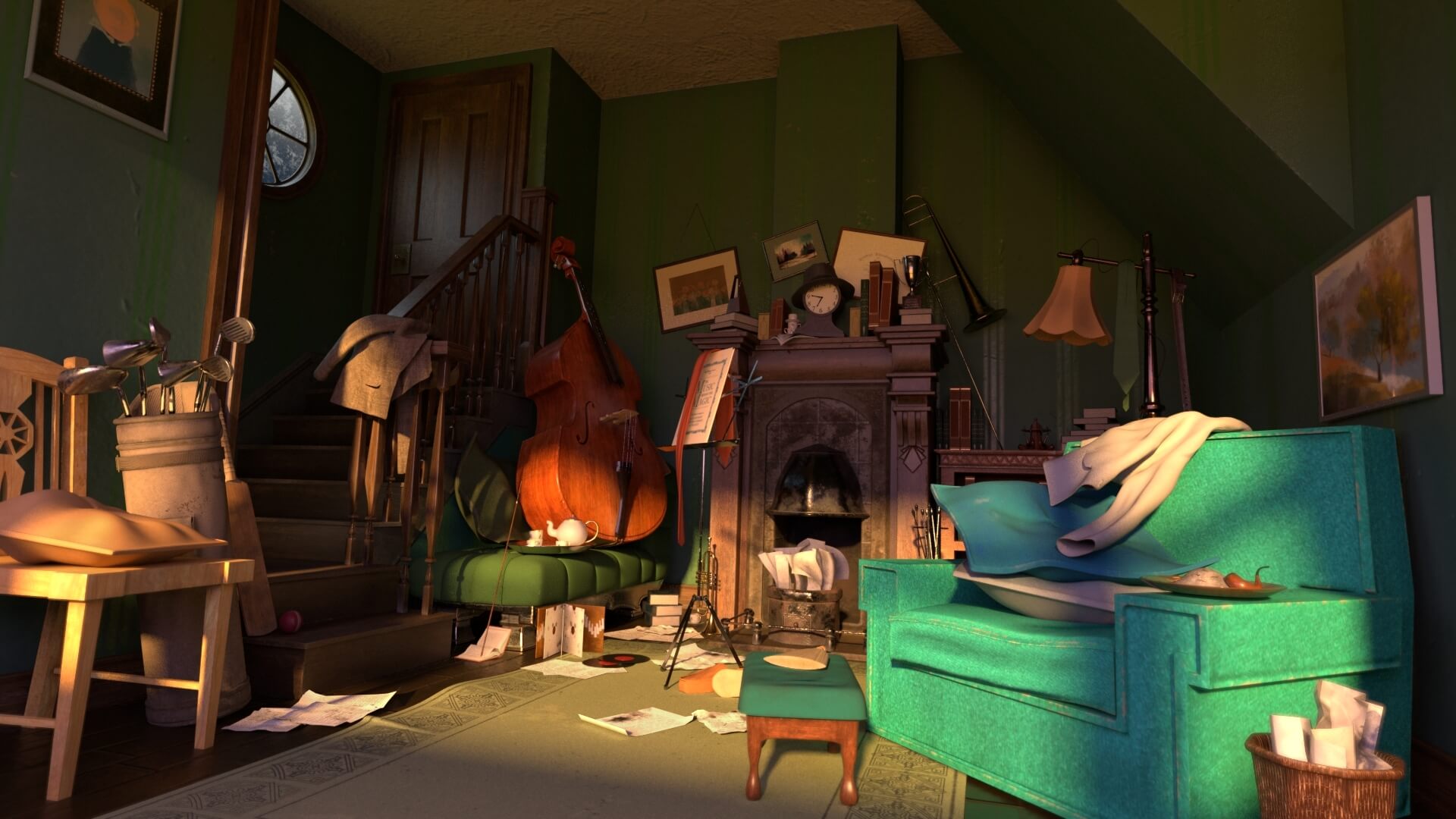 digital illustration of a messy living room.