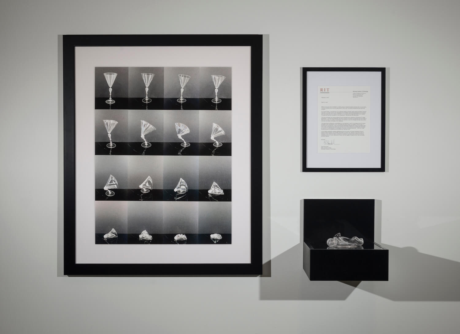 a collage of several photos that show the progression of a wine glass collapsing on itself.