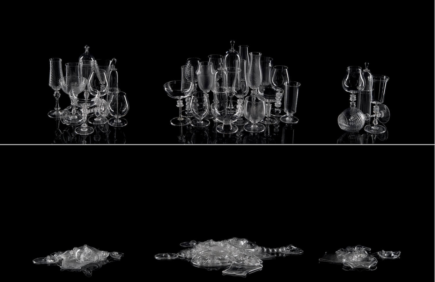 a split image, with the top showing three groups of different styles of drinkware, and the bottom showing piles of broken glass.