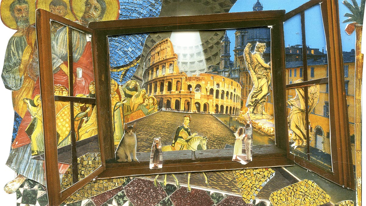 a collage of things and people related to Rome.