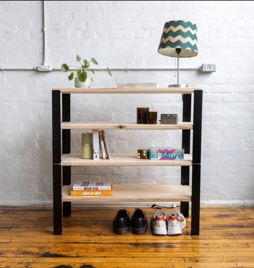 four shelves with items on them.